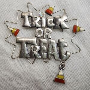 Vintage Trick Or Treat Enamel Candy Corn Silver Toned Halloween Pin Brooch